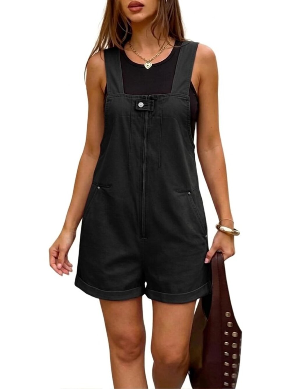 Women's Black Summer 2026 Front Zip Cuffed Hem Shorts Coveralls Denim Jumper